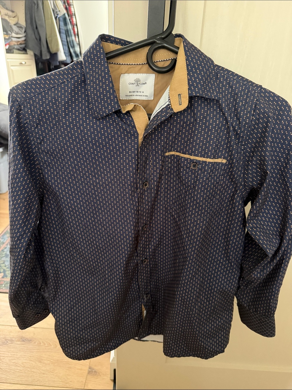 Craft & Flow Navy Patterned Button-Up Shirt with Tan Accents